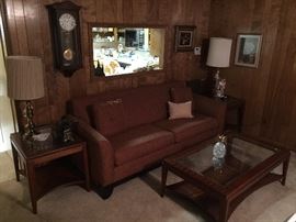 Modern sofa-great condition, pair of side tables and matching coffee table.