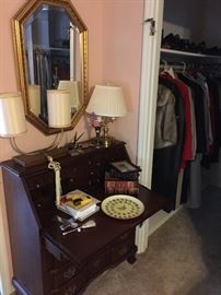 Drop front desk, lamps, mirror.