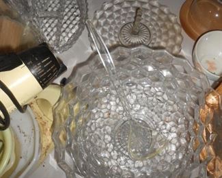 Fostoria punch bowl and platter + Relish tray & Glass tray with handle