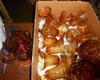 Amber glass with the pitcher - Anchor Hocking in garage