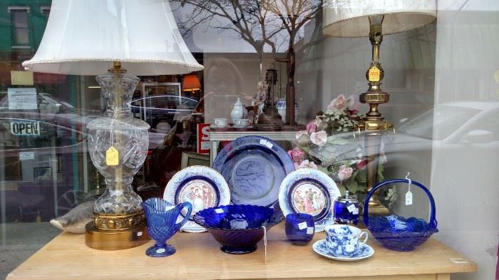 Crystal Lamp and Cobalt Blue Glass.  (teacup is SOLD)