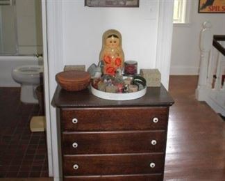 Chest of Drawers and Decorative items with Russian Doll and Mirror