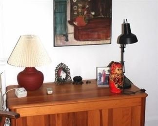 Wood Cabinet and Lamps with Art and Russian Doll
