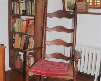 Ladder Back Rocking Chair, Book Shelf and Books