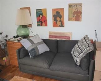 Gray Love Seat, Art, Lamp and Decorative Pillows
