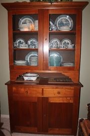 ANTIQUE CHINA CABINET AND CURRIER AND IVES DISHES