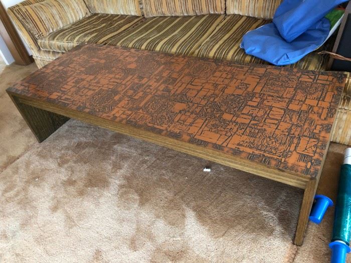 Mid Century Modern  Danish Coffee Table with Decorative / Textured Copper Top