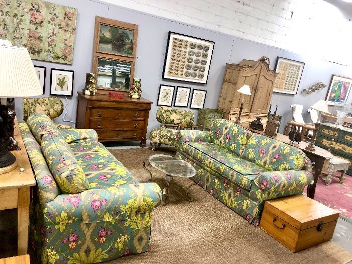Pair of incredible sofas upholstered in vibrant Chintz fabric-probably Scalamandre