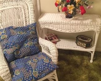 white feminine bedroom set featuring wicker pieces