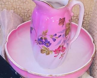 one of two antique wash bowls and pitchers plus we have early dresser boxes