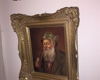original early German oil on board paintings of man in traditional dress