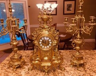 French Ormolu Clock with Matching pair of 6 candle candleabras