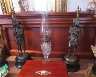 Pair of Statesman Statues and and Old Whale Oil Lamp that has been converted to Kerosene