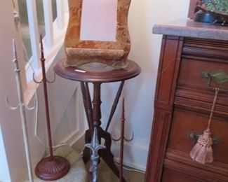 Victorian Velvet Dresser Mirror and Walnut Fern Stand