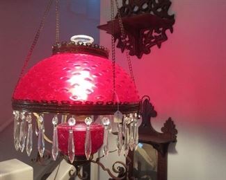 Victorian Ruby Hanging Parlor Lamp with Prisms