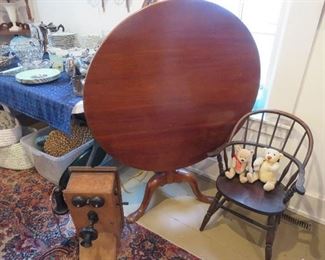 Victorian Tilt Top Table , Early Windsor Child's Chair, Oak Wall Telephone
