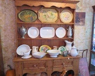 Pewter Cupboard with Ironstone and Newer Pumpkins, Tole Trays