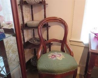 Walnut Corner Shelf, Victorian Victorian Chair with Green Needlepoint
