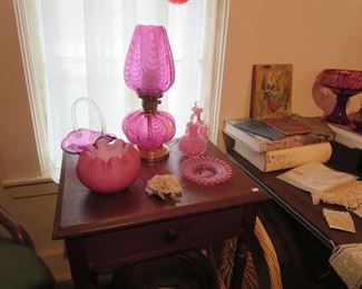 Fenton Cranberry Opalescent Lamp, Cased Fenton Corn Bowl, Fenton Cranberry Opalescent Cruets