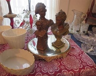 Lenon Bowl, Pair of Lenox Flower Urns, Trio Of Bronze Busts on Victorian Beveled Mirror Plateau