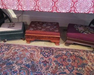 Collection of Needlepoint Footstools one with Sewing Box inside