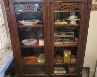 Super Walnut Victorian 2 Door Bookcase, 2 Drawers Below, Carved Flowers