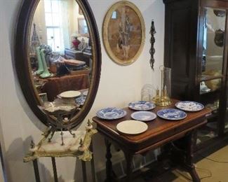 Super Onyx and Brass Fern Stand, Super Large Oval Victorian Framed Mirror, Great Victorian Library Table
