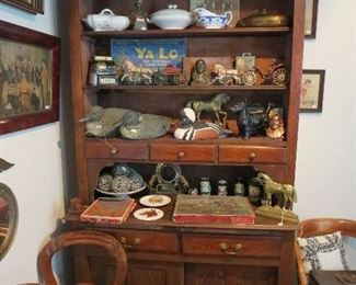 Chestnut Open Front Cupboard with Sliders on base with 2 Drawers Filled with great Toys, Decoys, Games