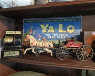 Ya-Lo Football Card Game, Uncle Sam Adding Bank, Cast Iron Horse and Wagon Chief