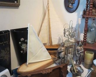 Smaller Newer Sail Bowl and Sail Boat Cutting Board with Utensils, Brass Single Mortar and Pedestal, Double Handled Mortar and Pedestal