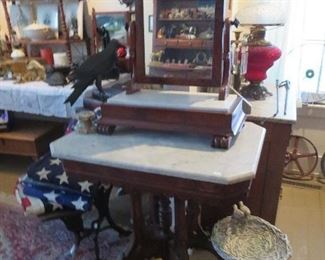 Early Dresser Mirror with Marble and Drawer, Cut Off Corner Walnut Marble Top Table, Resin Rabbit and Birdbath