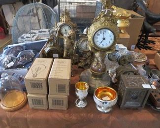 Collection of Victorian Clocks, Mercury Glass Master Salt Dip and Cordial with Gold interiors