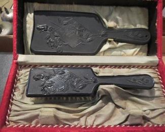 Wonderful and in EXCELLENT condition pair of Gutta Percha Brush and Mirror in Red Velvet Presentation Case circa 1865