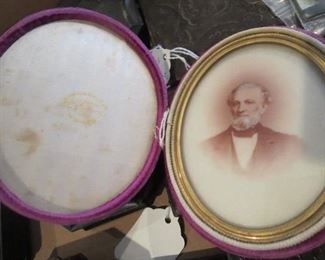 RARE Photo on Milk Glass in Oval Velvet Case