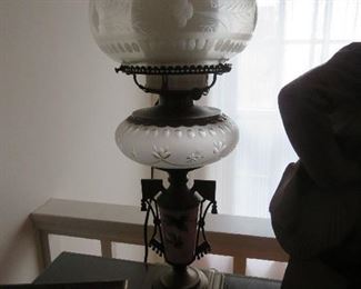 Early Hand Painted Stem Kerosene Lamp with Etched Fish Bowl Shade