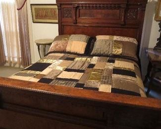 Super Grand Rapids Made Edwardian Bed with Carved Flowers and Matching Drop Front Dresser Sold as Set