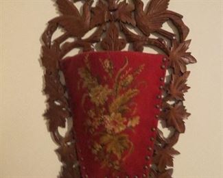 Super Needlepoint Wall Pocket with Carved Birds in Walnut and Leaves very Unusal