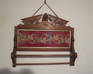 Walnut Lady Head with Needlepoint Towel Bar Victorian