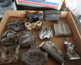 Collection of Pewter and Tin Molds and Cutters, including Ice Cream Football Player and Open Book Bible Mold, 3 Pair of Opera Glasses