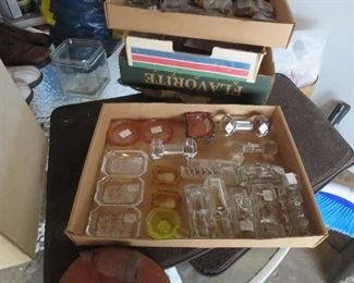Collection of Salt Dips, Ashtrays, Candy Containers, Salt dips include Vaseline, Amber, Intaglio Cut, Pair of Intaglio Pink Coasters, Pink Intaglio Cut Shop Ashtray with Jewels, One Intaglio Cut has the Butterfly for Hoffman