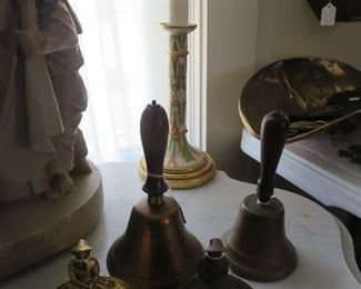Pair of old Brass School bells, and Pair of Brass lady Bells