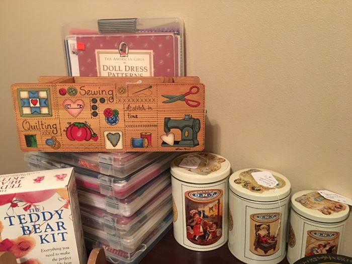 Many vintage sewing tins and American Girl sewing packs