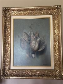 Original Oil painting pheasants, beautiful vintage gold guilt frame
