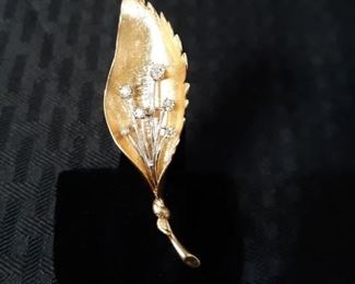 14K Gold Diamond Leaf Brooch