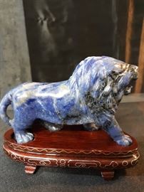 Blue Toned Stone Roaring Lion Figurine