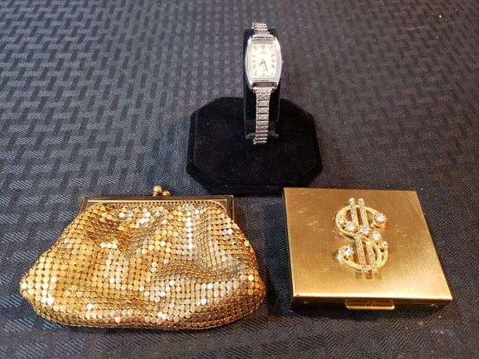Timex watch, coin purse and coin box