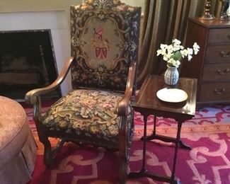 One of two French mouton style armchairs with tapestry upholstery 