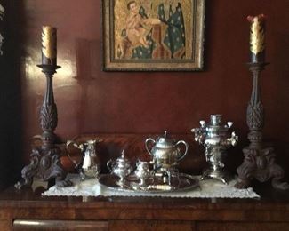 Reed & Barton silver plated tea set, pair of Cast iron candle holders