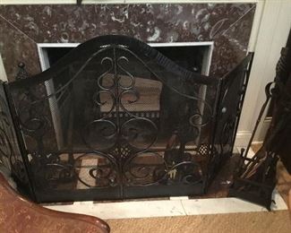 Fireplace mantel screen & tools and andirons 