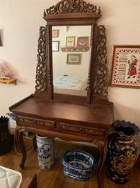 #4 Vanity w/2 drawers w/qi legs w/elephants on legs   40x18x30.5  Mirror  33x42  (as is moisture crack)  $ 475.00